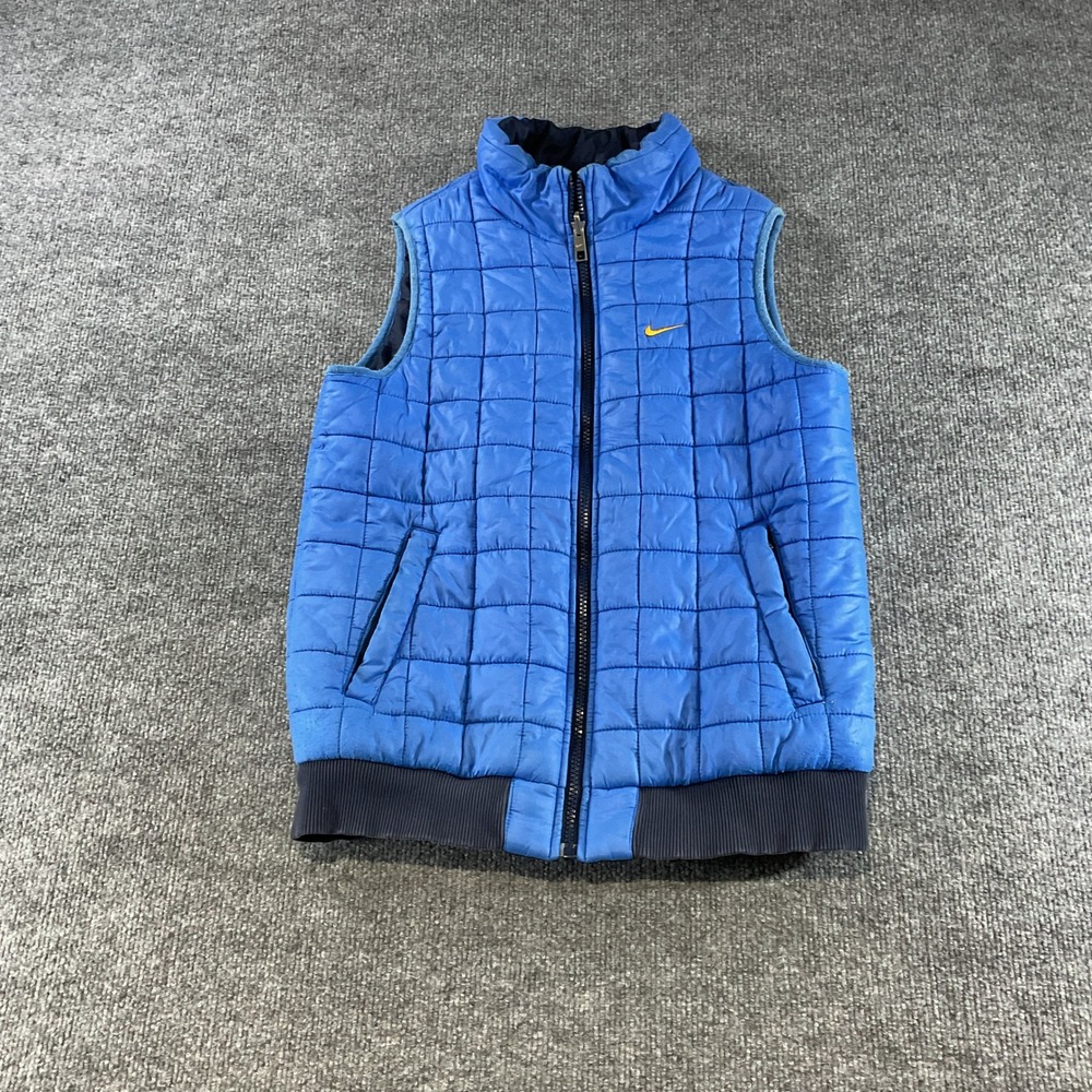 Nike Mens Blue Quilted Puffer Vest Sleeveless Jacket Navy Trim Small Swoosh
